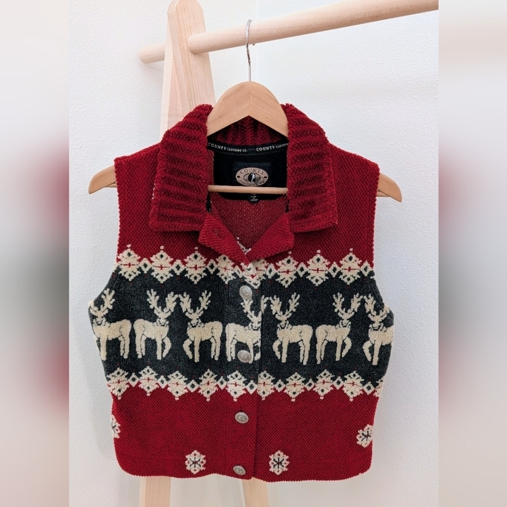 Vintage Reindeer Nordic Patterned Collared Button Front Vest In Red/Black/Ivory